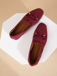 Bow Decor Faux Suede Flat Loafers - Maroon - View 5