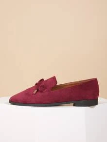 Bow Decor Faux Suede Flat Loafers - Maroon - View 6