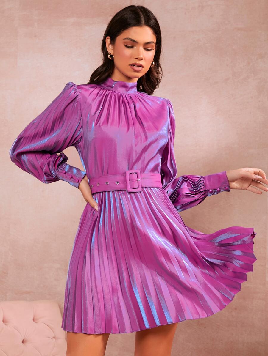 SHEIN BAE Mock Neck Pleated Belted Dress - Purple - View 1