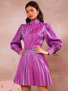 SHEIN BAE Mock Neck Pleated Belted Dress - Purple - View 4