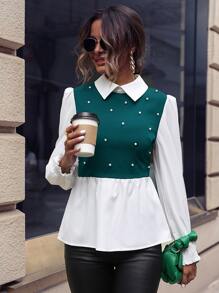SHEIN Unity Pearls Beaded Ruffle Hem 2 In 1 Blouse - Dark Green - View 3