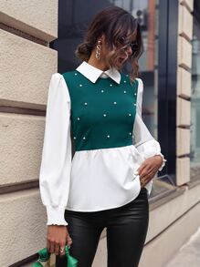 SHEIN Unity Pearls Beaded Ruffle Hem 2 In 1 Blouse - Dark Green - View 5