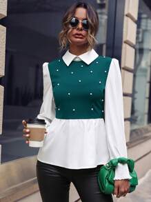 SHEIN Unity Pearls Beaded Ruffle Hem 2 In 1 Blouse - Dark Green - View 6