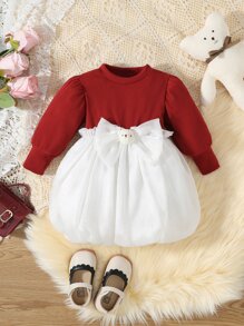 Baby Two Tone Bow Front Dress - Red and White - View 1