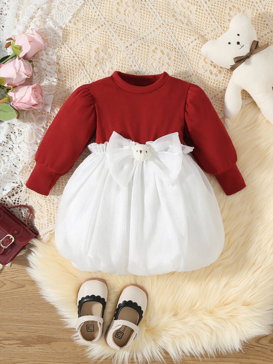 Baby Two Tone Bow Front Dress - Red and White - View 1