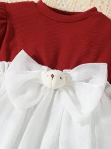 Baby Two Tone Bow Front Dress - Red and White - View 4