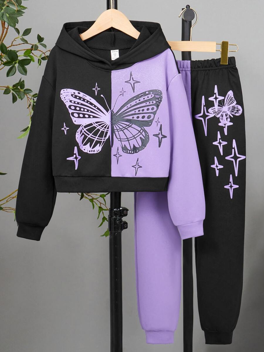 Sparklyn Tween Girl Butterfly Print Two Tone Drop Shoulder Hoodie & Sweatpants - Multicolor - View 1