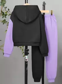 Sparklyn Tween Girl Butterfly Print Two Tone Drop Shoulder Hoodie & Sweatpants - Multicolor - View 2