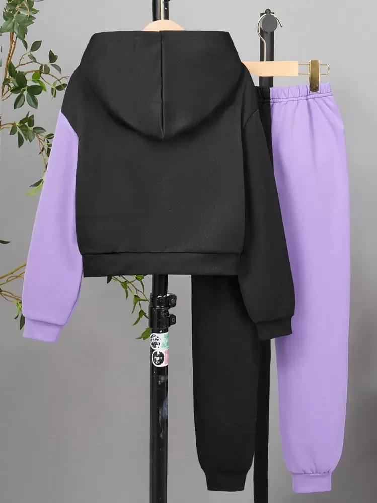 Sparklyn Tween Girl Butterfly Print Two Tone Drop Shoulder Hoodie & Sweatpants - Multicolor - View 2