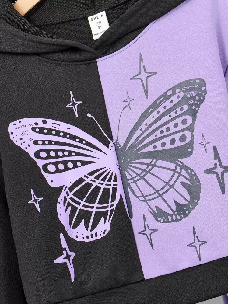 Sparklyn Tween Girl Butterfly Print Two Tone Drop Shoulder Hoodie & Sweatpants - Multicolor - View 3