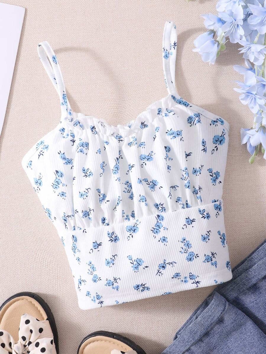 Tank Tops & Camis Bé Gái viền lá sen Nếp gấp Phần Ngực Họa tiết hoa Boho - trắng - Xem 1