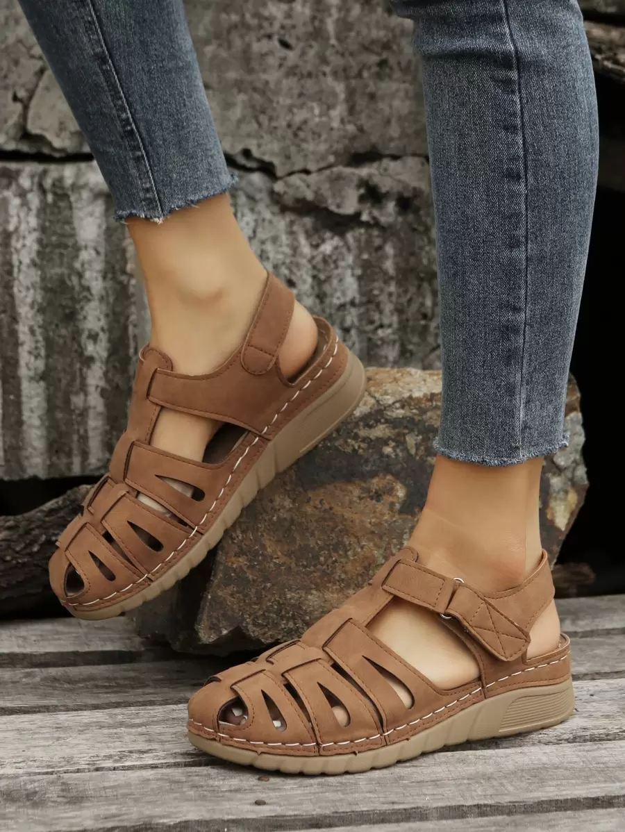 Hook-and-loop Fastener Wedge Gladiator Sandals - Brown - View 1