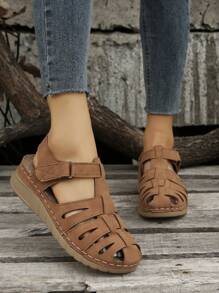 Hook-and-loop Fastener Wedge Gladiator Sandals - Brown - View 2