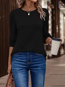 SHEIN LUNE Áo thun nữ màu trơn Giải trí - màu đen - Xem 1