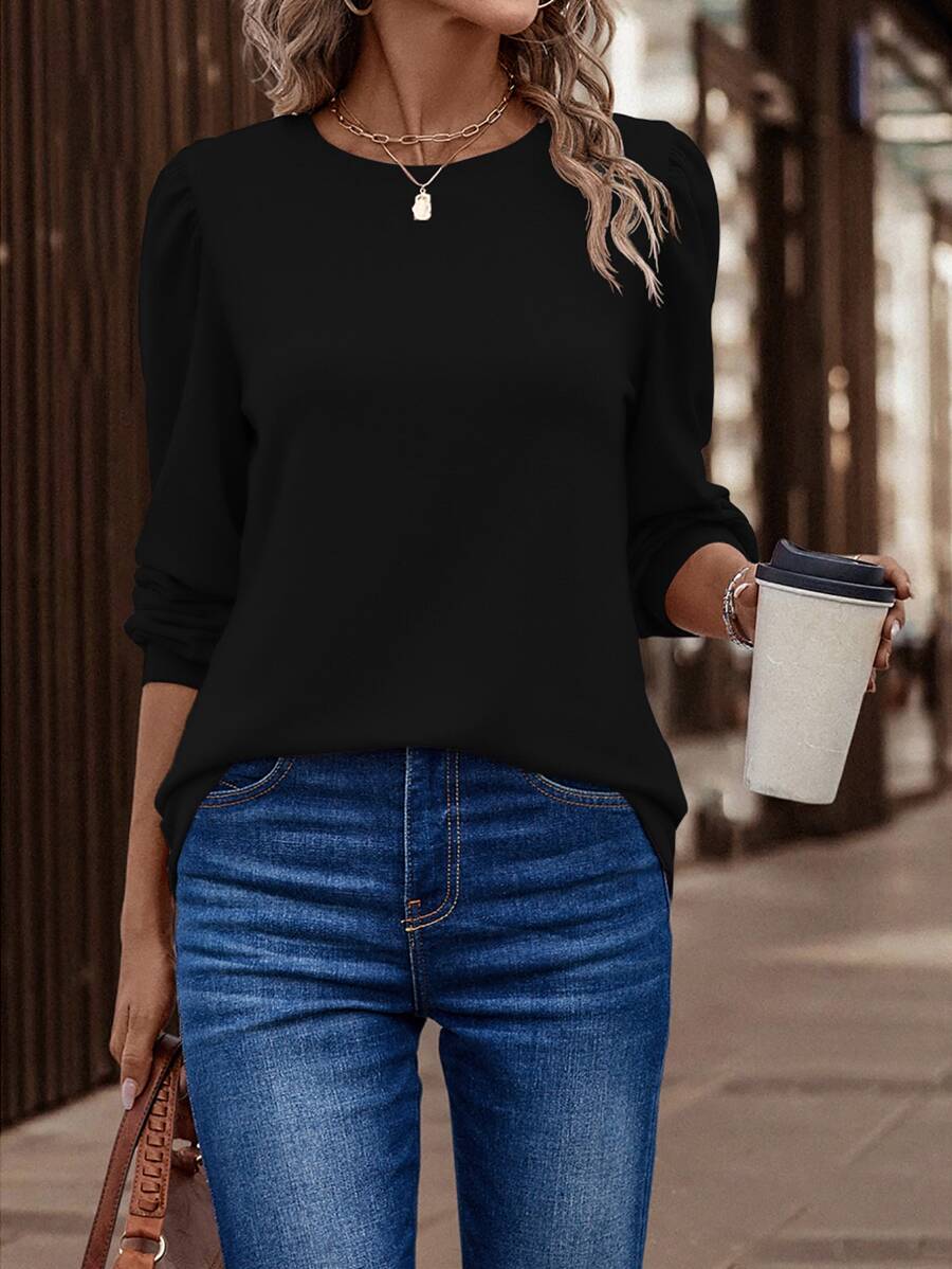 SHEIN LUNE Áo thun nữ màu trơn Giải trí - màu đen - Xem 1