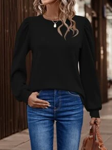 SHEIN LUNE Áo thun nữ màu trơn Giải trí - màu đen - Xem 4