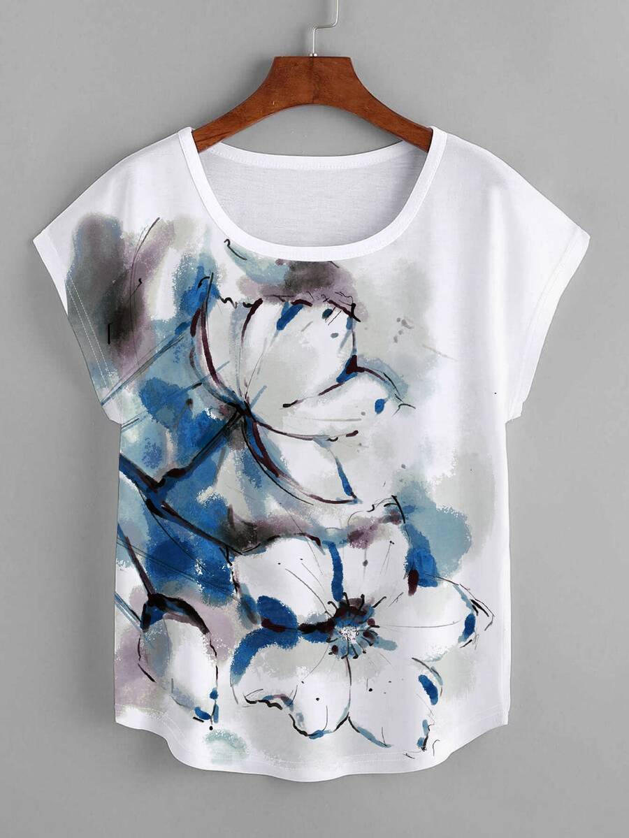 SHEIN LUNE Floral Print Batwing Sleeve Tee - White - View 1