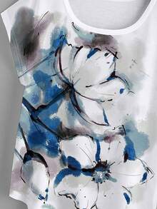 SHEIN LUNE Floral Print Batwing Sleeve Tee - White - View 3