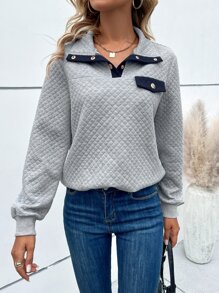 SHEIN Unity Contrast Trim Quarter Button Quilted Sweatshirt - Light Grey - View 2