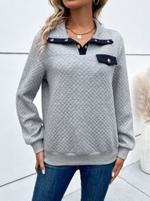 SHEIN Unity Contrast Trim Quarter Button Quilted Sweatshirt - Light Grey - View 1