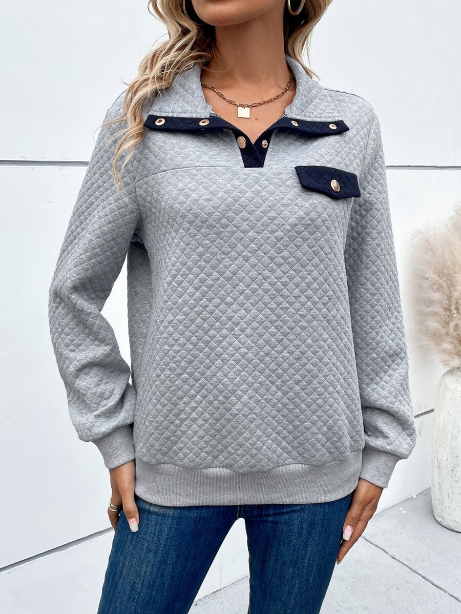 SHEIN Unity Contrast Trim Quarter Button Quilted Sweatshirt - Light Grey - View 1
