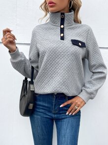 SHEIN Unity Contrast Trim Quarter Button Quilted Sweatshirt - Light Grey - View 4
