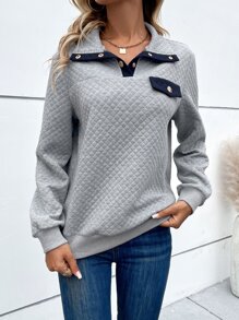 SHEIN Unity Contrast Trim Quarter Button Quilted Sweatshirt - Light Grey - View 5