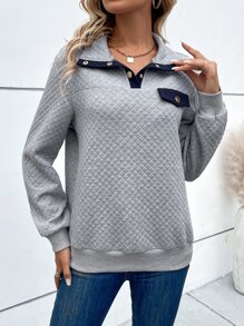 SHEIN Unity Contrast Trim Quarter Button Quilted Sweatshirt - Light Grey - View 6