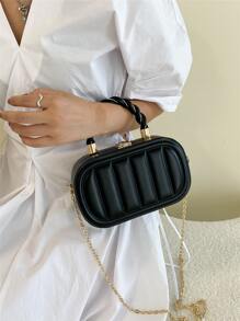 純色 PU 條紋壓紋斜紋時尚橢圓扭紋金屬城市手袋女式 - 黑色 - 查看 2