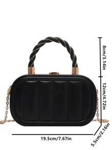 純色 PU 條紋壓紋斜紋時尚橢圓扭紋金屬城市手袋女式 - 黑色 - 查看 3