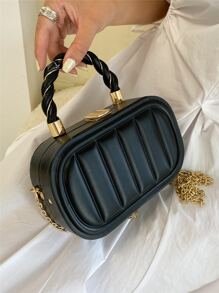 純色 PU 條紋壓紋斜紋時尚橢圓扭紋金屬城市手袋女式 - 黑色 - 查看 4