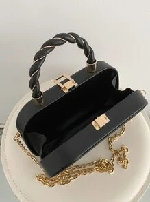 純色 PU 條紋壓紋斜紋時尚橢圓扭紋金屬城市手袋女式 - 黑色 - 查看 5