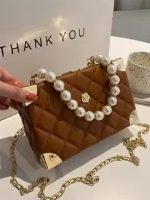 绗缝格子珍珠水钻装饰手柄珠宝盒包金属链带，时尚刺绣格子小号单肩包，礼物 - 棕色 - 查看 2