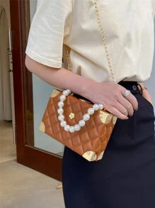 绗缝格子珍珠水钻装饰手柄珠宝盒包金属链带，时尚刺绣格子小号单肩包，礼物 - 棕色 - 查看 3