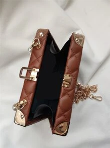 绗缝格子珍珠水钻装饰手柄珠宝盒包金属链带，时尚刺绣格子小号单肩包，礼物 - 棕色 - 查看 4