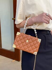 绗缝格子珍珠水钻装饰手柄珠宝盒包金属链带，时尚刺绣格子小号单肩包，礼物 - 棕色 - 查看 5