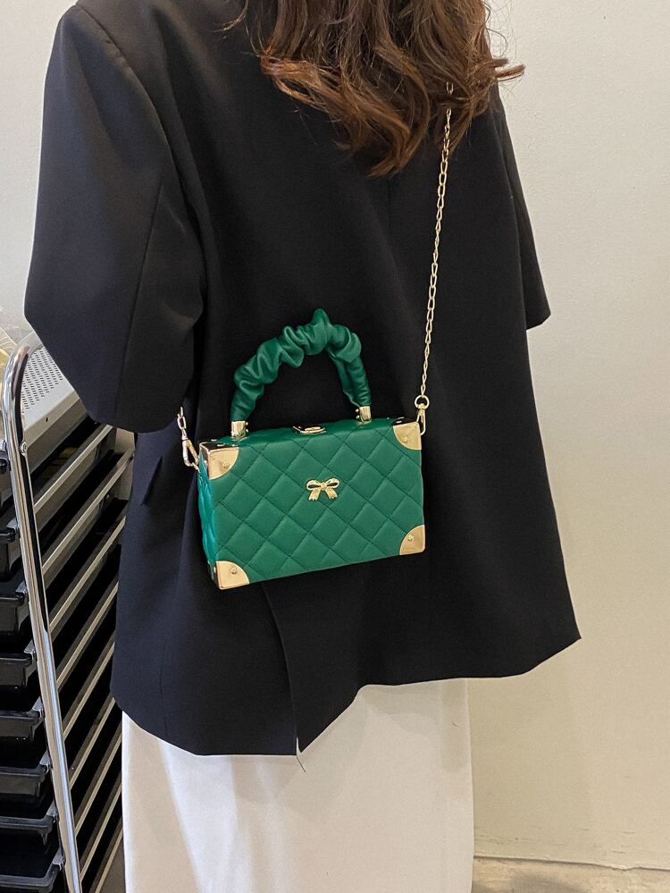 Solid Color Pu Leather Stitching Small Square Box Bag With Bow Decoration, Ripple Purse, Metal Chain Strap, Shoulder/Crossbody Bag, Daily Use, Gift For Girls