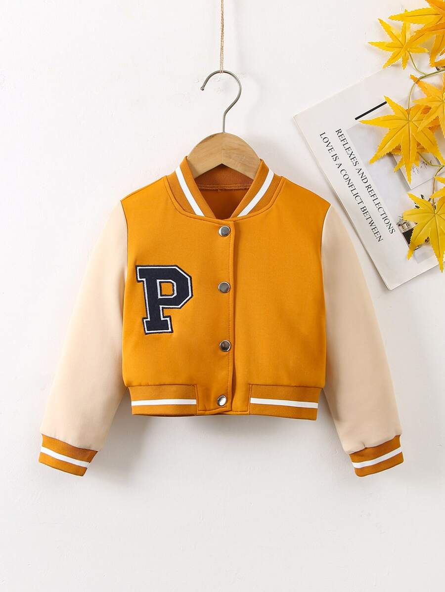 Toddler Girls Letter Patched Striped Trim Varsity Jacket - Orange - View 1