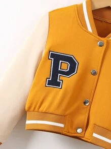 Toddler Girls Letter Patched Striped Trim Varsity Jacket - Orange - View 4