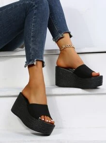 极简主义坡跟凉鞋，女士时尚春夏露趾厚底一脚蹬凉鞋 - 黑色 - 查看 5