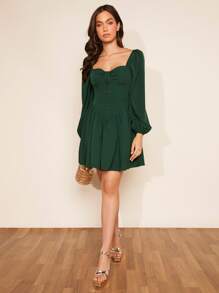 SHEIN Frenchy 雞心領口燈籠袖胸部褶皺連衣裙 - 墨綠色 - 查看 4