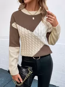 SHEIN LUNE Colourblock Drop Shoulder Cable Knit Jumper - Multicolor - View 1