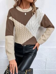 SHEIN LUNE Colourblock Drop Shoulder Cable Knit Jumper - Multicolor - View 4