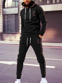 Manfinity Men Letter And Crown Print Colourblock Drawstring Hoodie & Joggers