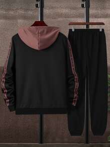 Manfinity Men Letter And Crown Print Colourblock Drawstring Hoodie & Joggers