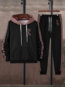 Manfinity Men Letter And Crown Print Colourblock Drawstring Hoodie & Joggers
