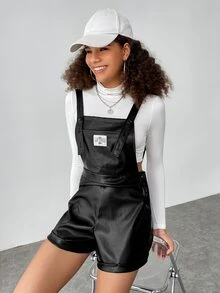 SHEIN EZwear Patch Detail Overall Romper Without Tee - Black - View 2