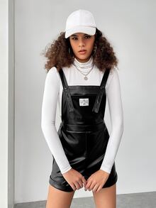 SHEIN EZwear Patch Detail Overall Romper Without Tee - Black - View 3