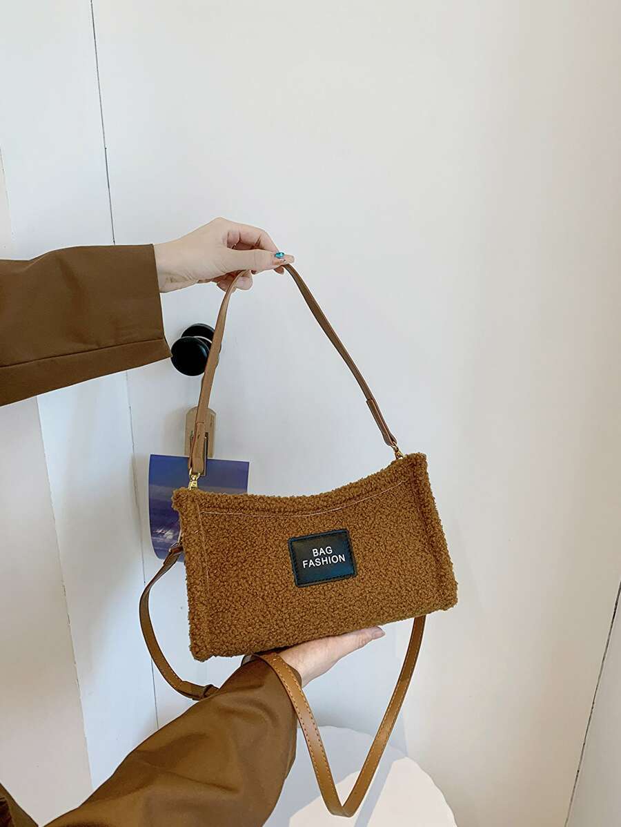 字母貼飾絨布法棍包 - 棕色 - 查看 1