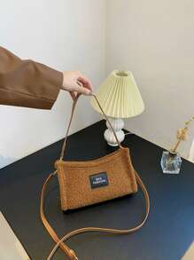 字母貼飾絨布法棍包 - 棕色 - 查看 2